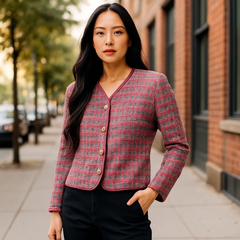 Koret Women's Blazer in Pink and Gray Check Acadamia Grandma Core